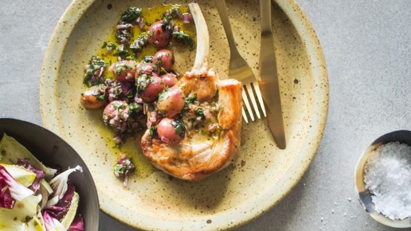 Pan-roasted pork cutlets, burnt grapes and witloof salad