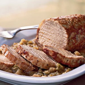 Pan-roasted pork loin with leeks