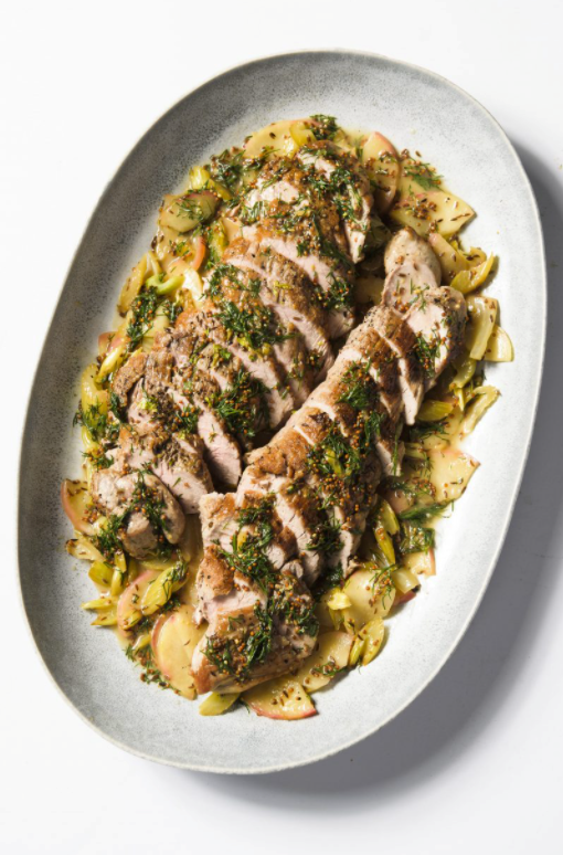 Pan-roasted pork tenderloin with caraway, celery and apple