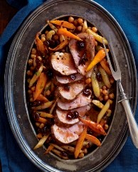 Pan-roasted pork tenderloin with salsify, carrots, chickpeas, and cranberries