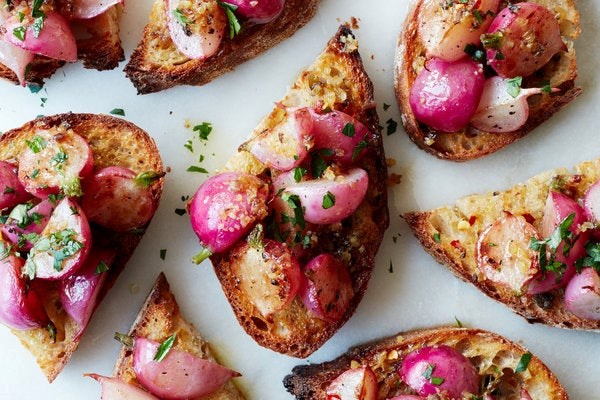Pan-roasted radish and anchovy crostini