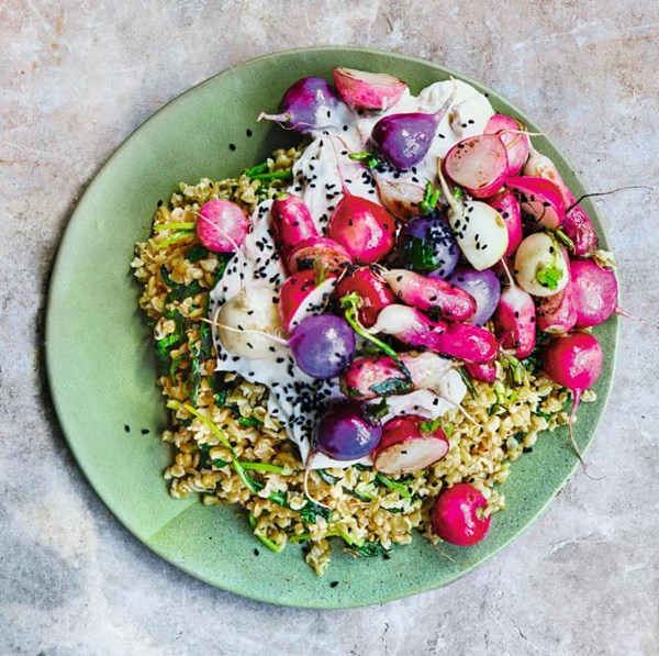 Pan-roasted radishes with labneh, freekeh and radish leaves