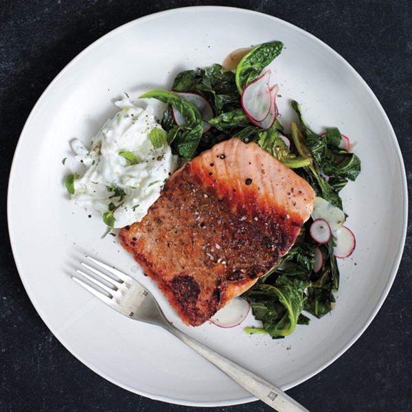 Pan-roasted salmon with collards and radish raita
