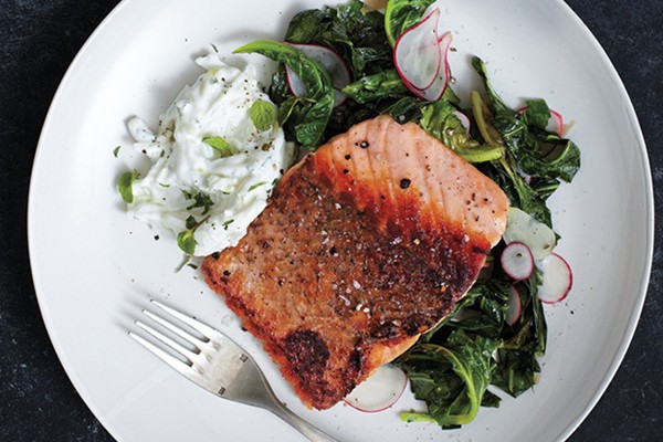 Pan-roasted salmon with collards and radish raita