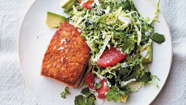 Pan-roasted salmon with grapefruit-cabbage slaw