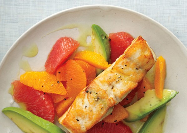 Pan-roasted sea bass with citrus and avocado oil