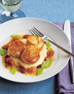Pan-roasted sea scallops with uni, bacon, and mustard greens