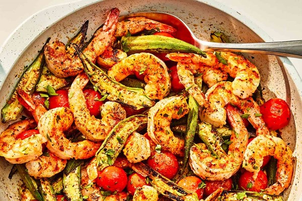 Pan-roasted shrimp and okra