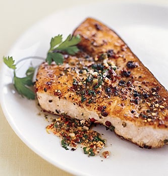 Pan-roasted swordfish steaks with mixed-peppercorn butter