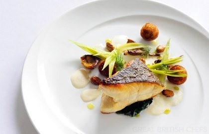 Pan-roasted turbot cooked on the bone with fennel croquettes and Pernod velouté
