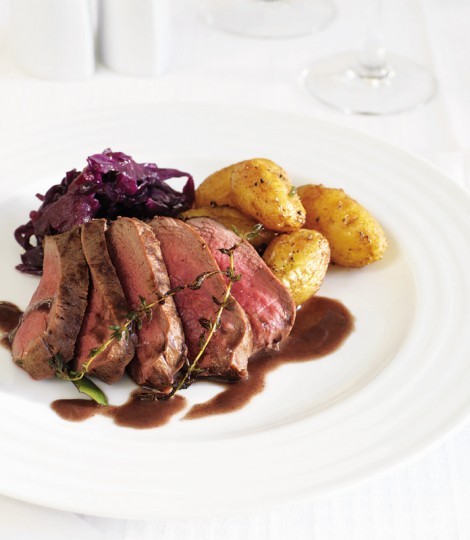 Pan-roasted venison loin with braised spiced red cabbage