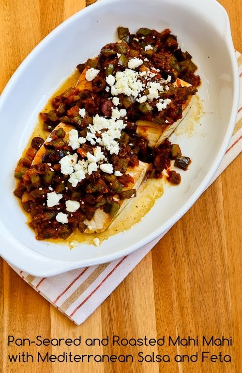 Pan-seared and roasted mahi mahi with Mediterranean salsa and feta
