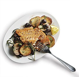 Pan-seared Arctic char with olives and potatoes