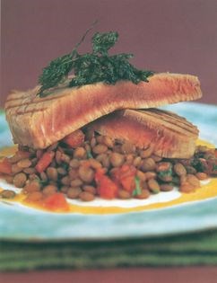 Pan-seared bonito on green lentils