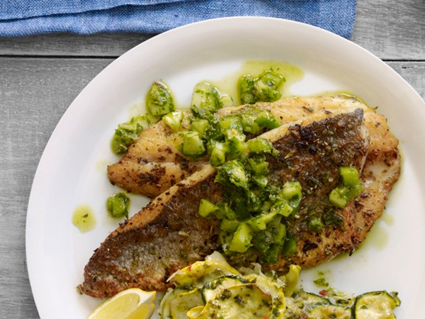 Pan-seared branzino with herb salsa
