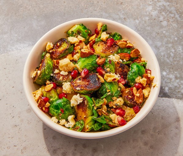 Pan-seared Brussels sprouts with feta and honey