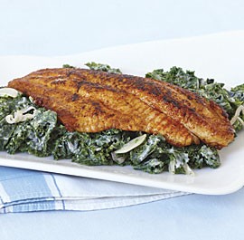 Pan-seared catfish with creamy greens