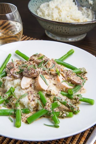 Pan seared chicken breasts in a mushroom, tarragon and mustard pan sauce