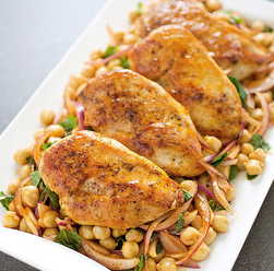 Pan-seared chicken breasts with chickpea salad