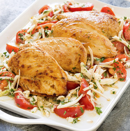 Pan-seared chicken breasts with marinated tomatoes