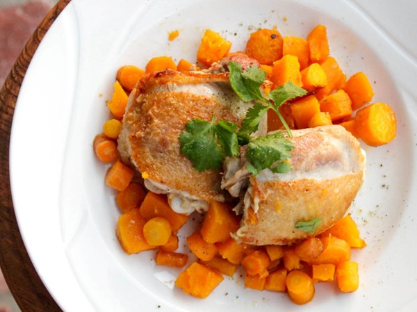 Pan-seared chicken thighs with butternut squash and carrots
