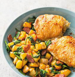 Pan-seared chicken thighs with potatoes and chorizo