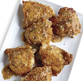 Pan-seared chicken thighs with beer and grainy mustard sauce