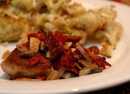 Pan-seared chicken with mushrooms and sundried tomatoes