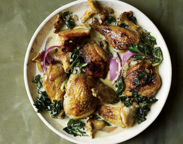 Pan-seared chicken with Riesling cream sauce, chanterelles, and chard