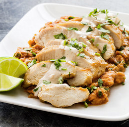 Pan-seared chicken with spicy pinto beans