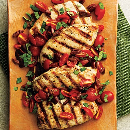 Pan-seared chicken with tomato-olive relish