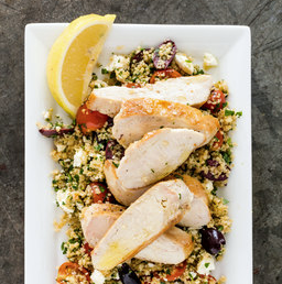 Pan-seared chicken with warm Mediterranean grain pilaf