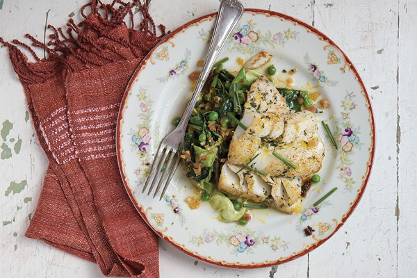 Pan-seared cod with spring vegetables