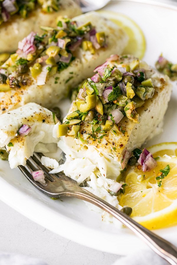Pan seared fish with olive chimichurri