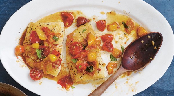 Pan-seared halibut with cherry tomatoes & basil
