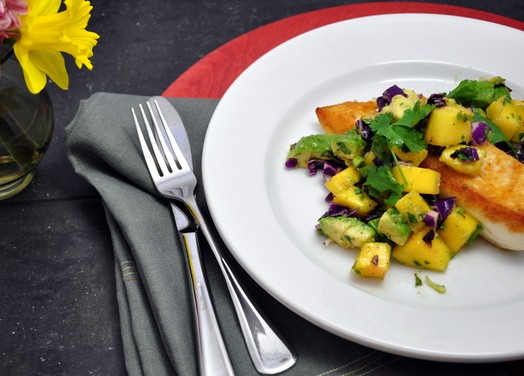 Pan seared halibut with mango-avocado salsa