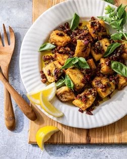 Pan-seared halibut with Mediterranean marinade