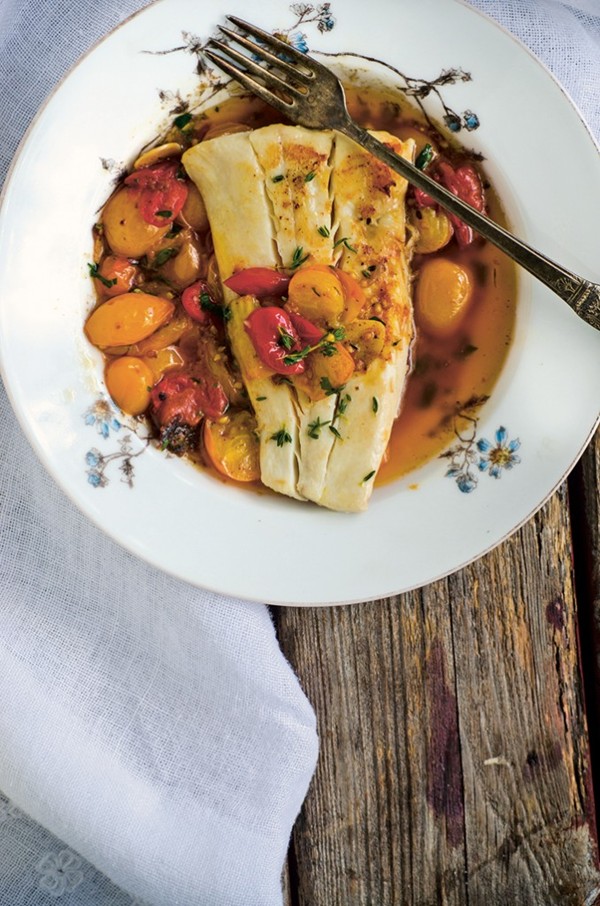 Pan-seared halibut with melted cherry tomatoes and tarragon