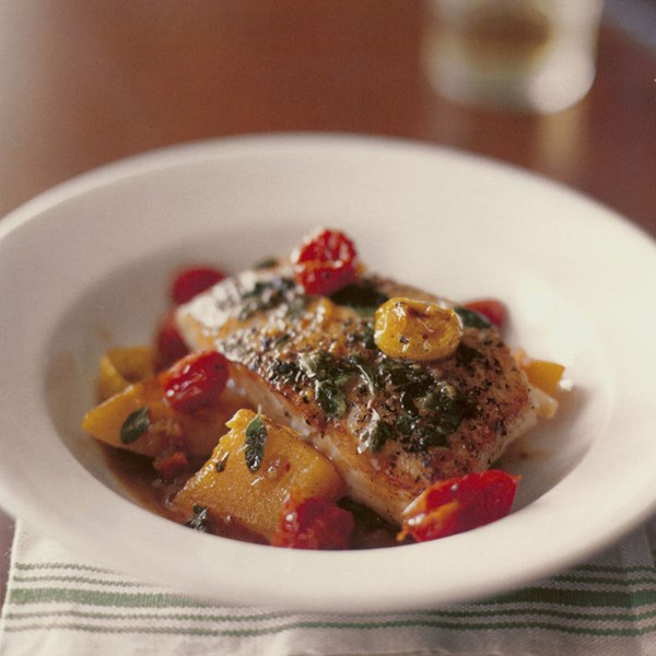 Pan-seared halibut with roasted cherry tomatoes and butternut squash