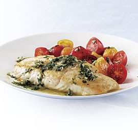 Pan-seared halibut with salmoriglio
