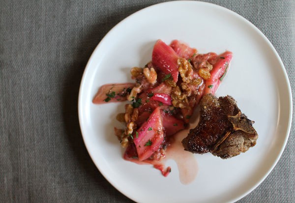 Pan-seared lamb chops with rhurbarb agrodolce with raisins, parsley & walnuts