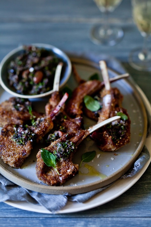 Pan seared lamb chops with olive chimichurri