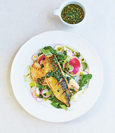 Pan-seared mackerel with radish, apple & watercress salad and salsa verde