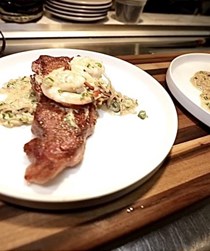 Pan seared New York strip with simple Louisiana shrimp cream sauce