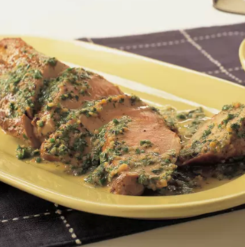 Pan-seared oven-roasted pork tenderloin with shallot-balsamic sauce