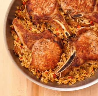 Pan-seared pork chops with dirty rice