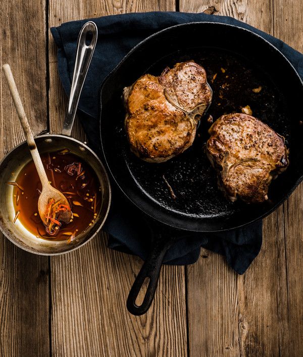 Pan-seared pork chops with ginger chili cider gastrique