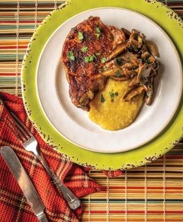 Pan-seared pork chops with mushroom ragout