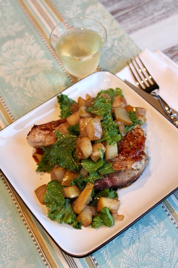 Pan seared pork chops with pear mostarda