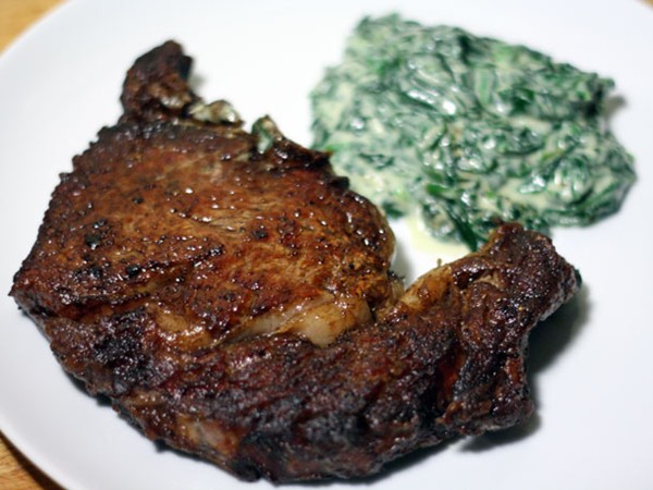 Pan-seared ribeye steak with quick creamed spinach
